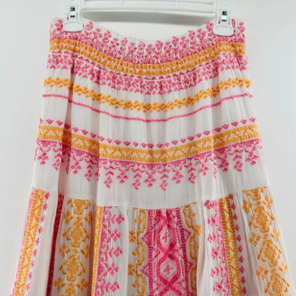 HALE BOB Piera GAUZE EMBROIDERED White + Pink Tiered MAXI SKIRT Layered WOMENS M - Picture 4 of 9